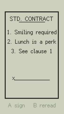 Device screen: a standard employment contract, three clauses, waiting for a signature